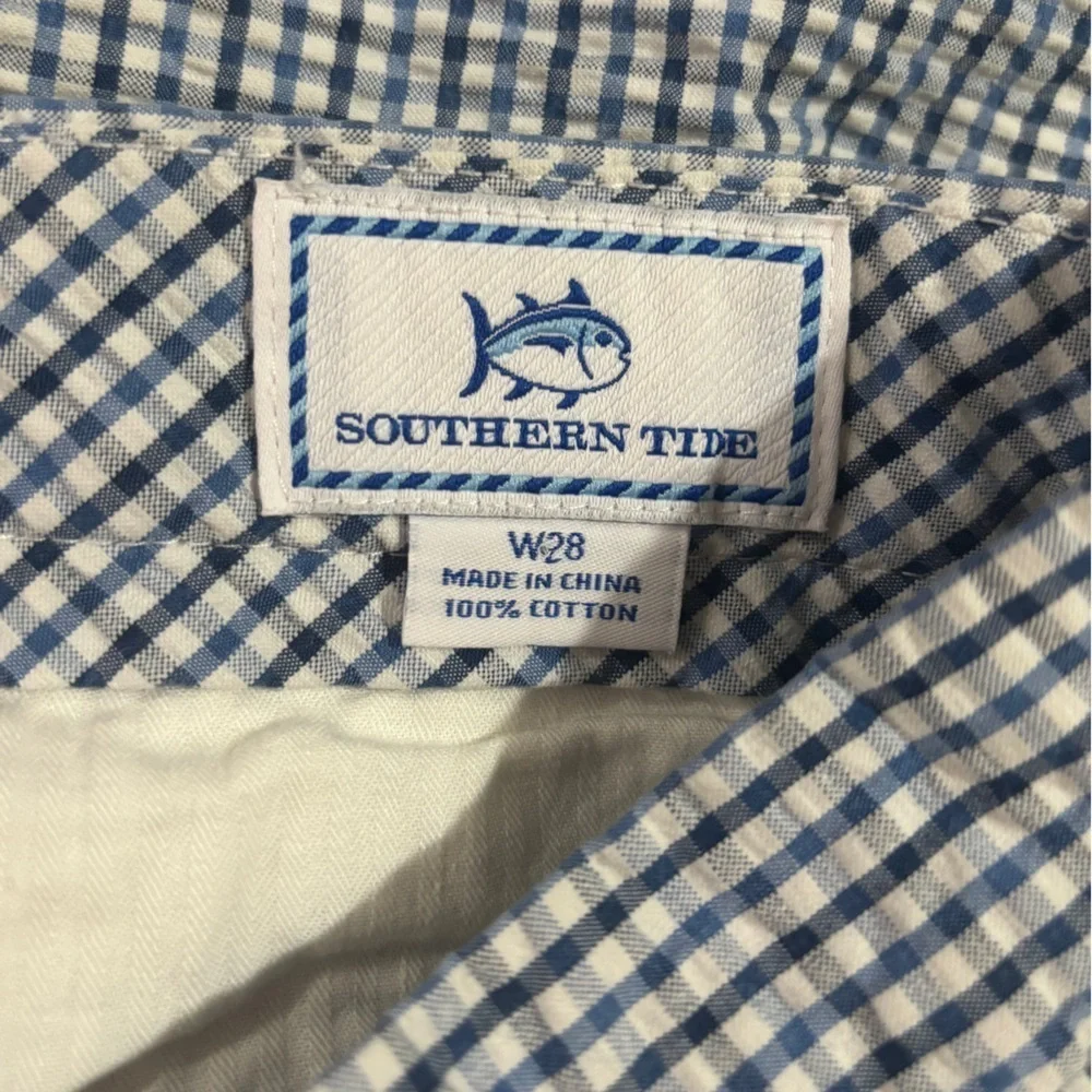 Southern Tide Skipjack Blue White Seersucker Gingham Plaid Shorts 28